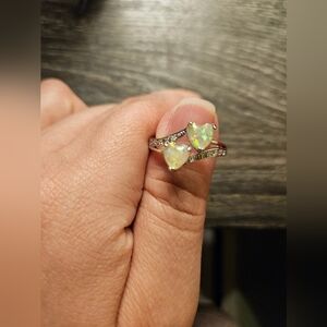Silver opal double heart ring